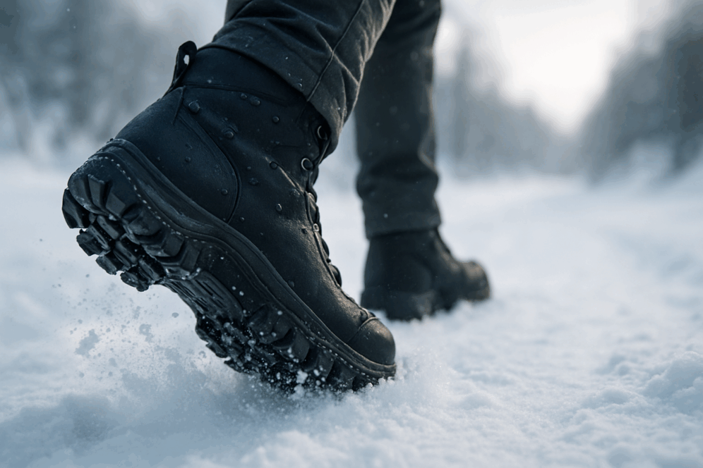 Person in black hiking boots walking on snowy trail.