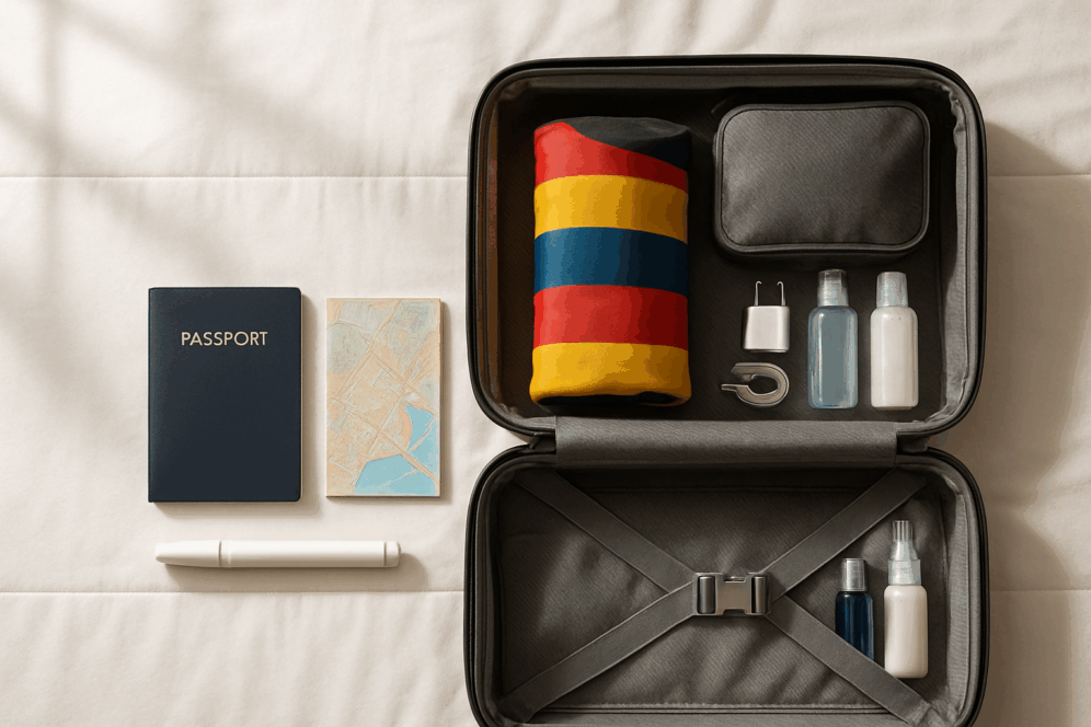 Organized travel essentials packed neatly in suitcase.