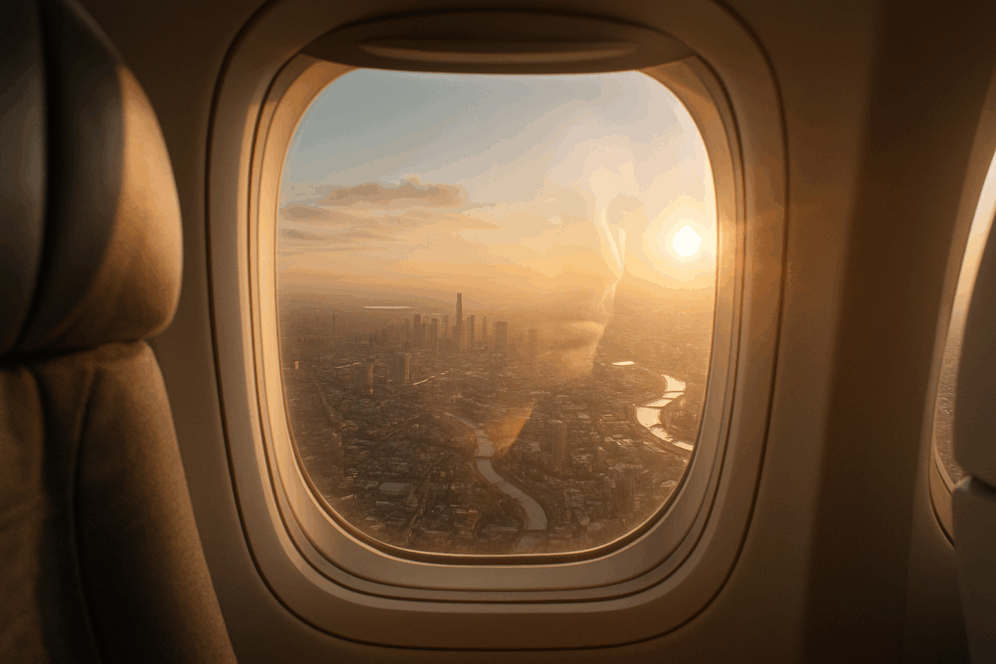 Soft golden skyline viewed from airplane window.