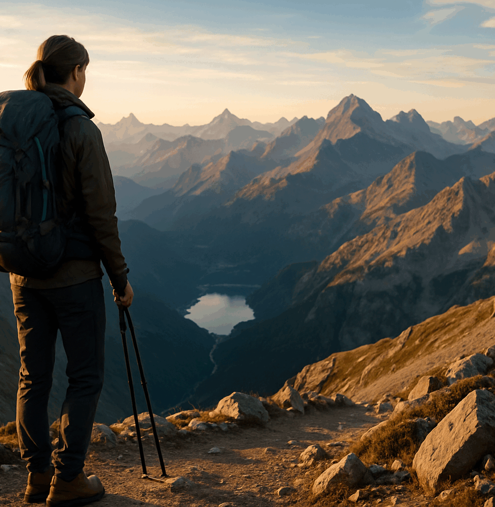 Solitary hiker overlooks mountain range at golden sunset.