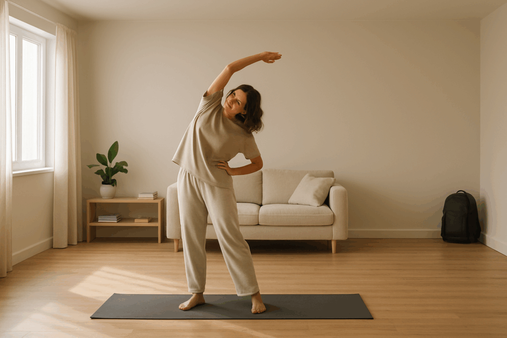 woman doing side stretch on yoga mat indoors.